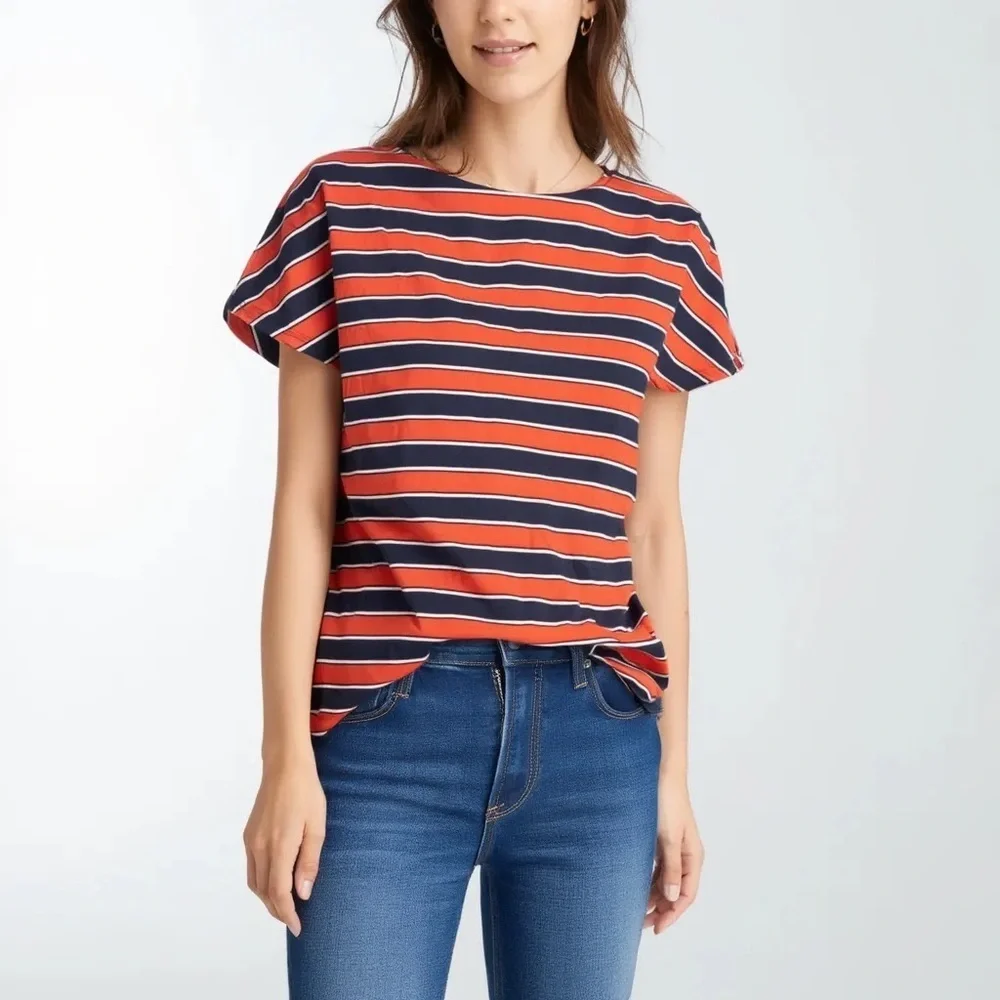 J. Crew Red and Blue Striped Silk Top 100% Silk